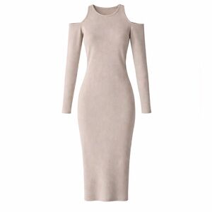 ASTR The Label NWT Tan Ribbed Cold Shoulder Midi Dress Medium Slim Fit L/S